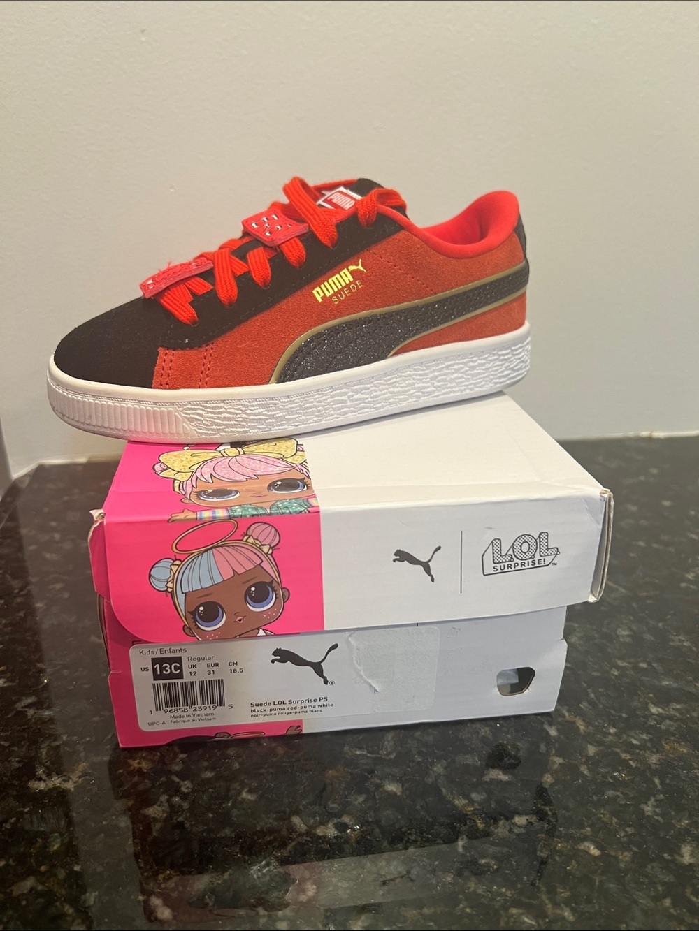 Puma Kids Red & Black Suede Sneaker with White Sole